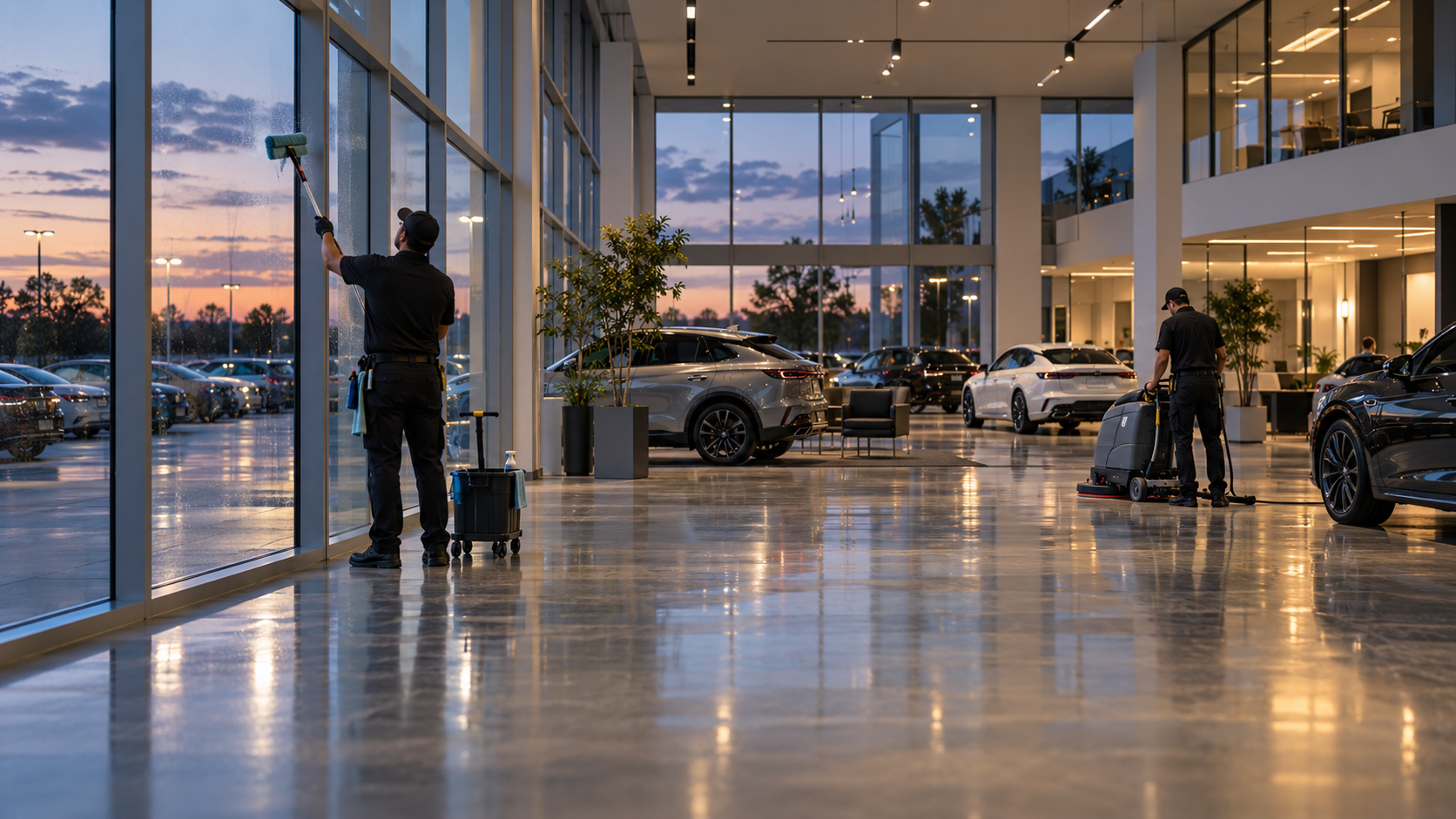 Illustrative scene of after-hours cleaning inside a dealership showroom