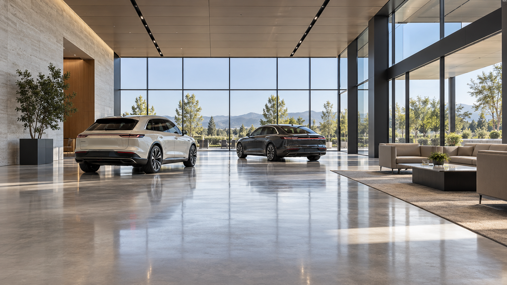 Illustrative dealership showroom with vehicles and customer seating